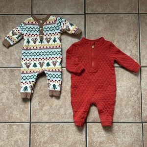 Old Navy Red Quilted Footie and Festive Patterned Footie